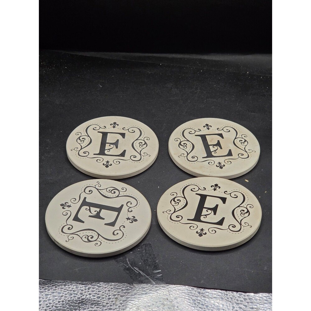 Set of 4 Monogram “E” Ceramic Coasters | Decorative Letter Initial Drink Coaster